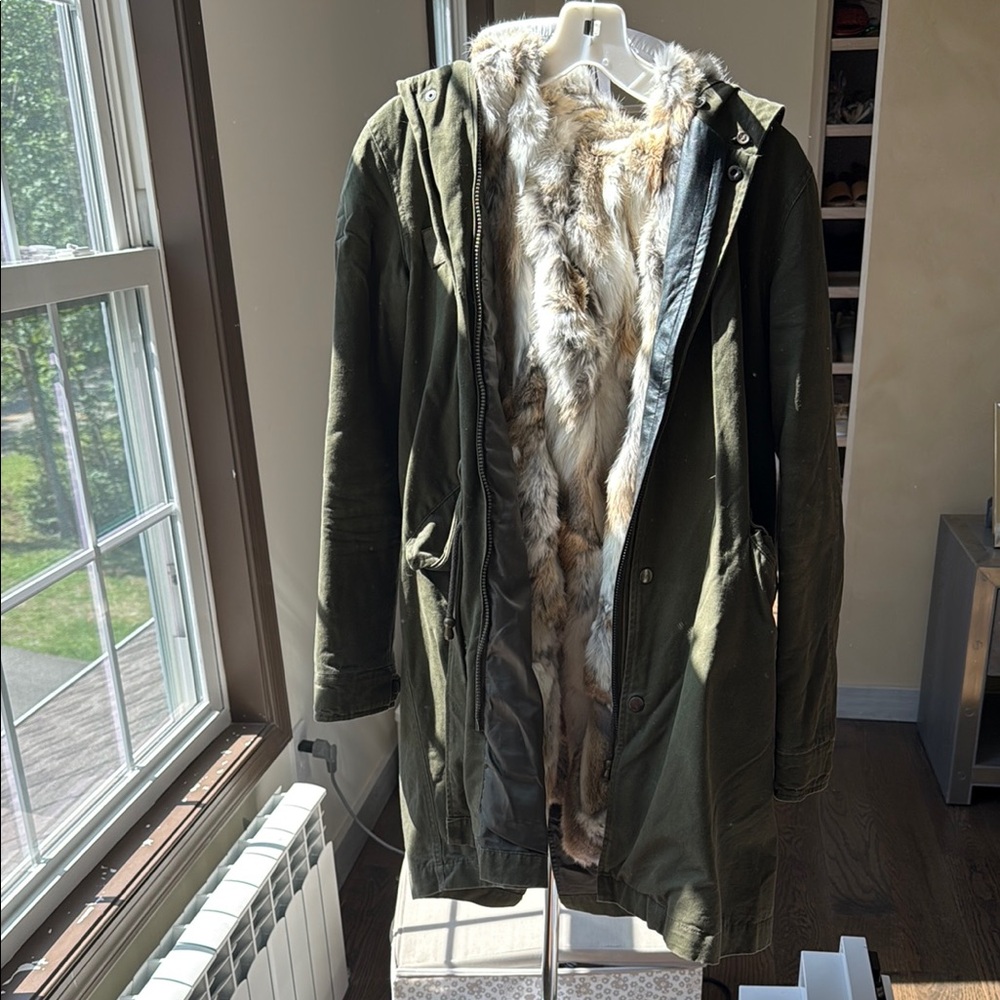 Adrienne Landau Olive Parka with real rabbit Fur Vest and hood lining small